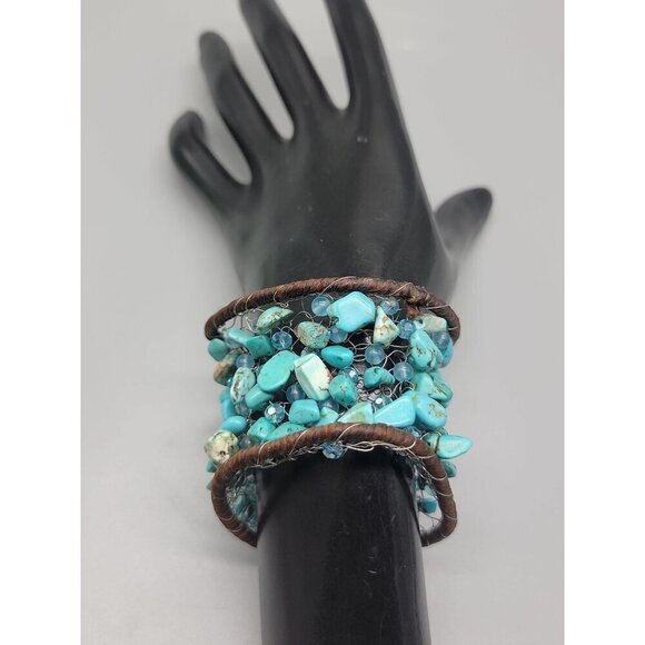 Chunky Turquoise Open Cuff Bracelet Wire Stitched Stones Handcrafted Size 7.5" - Picture 11 of 16
